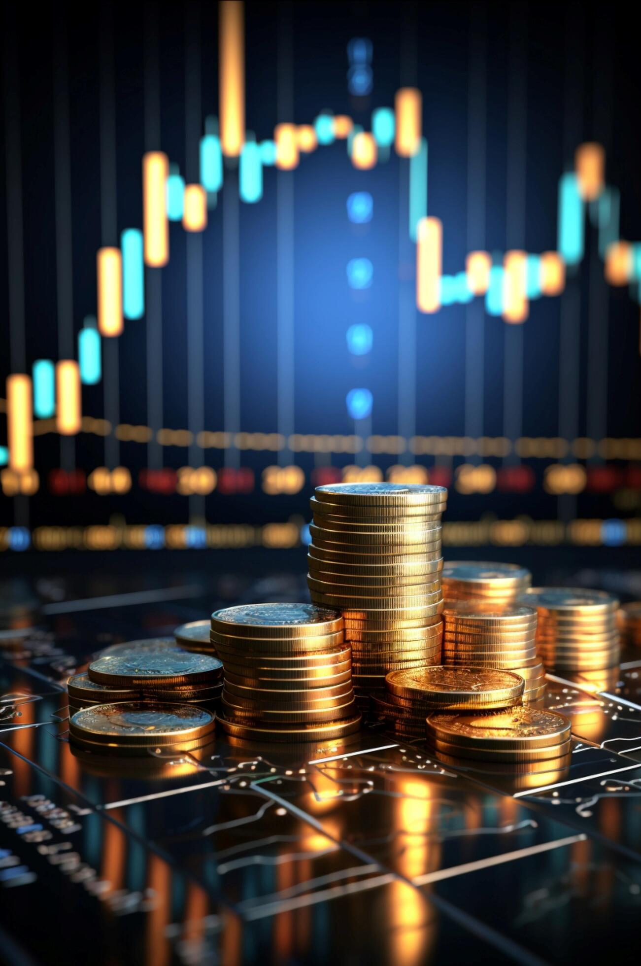 3D blue finance graph on coin background symbolizes success in stock