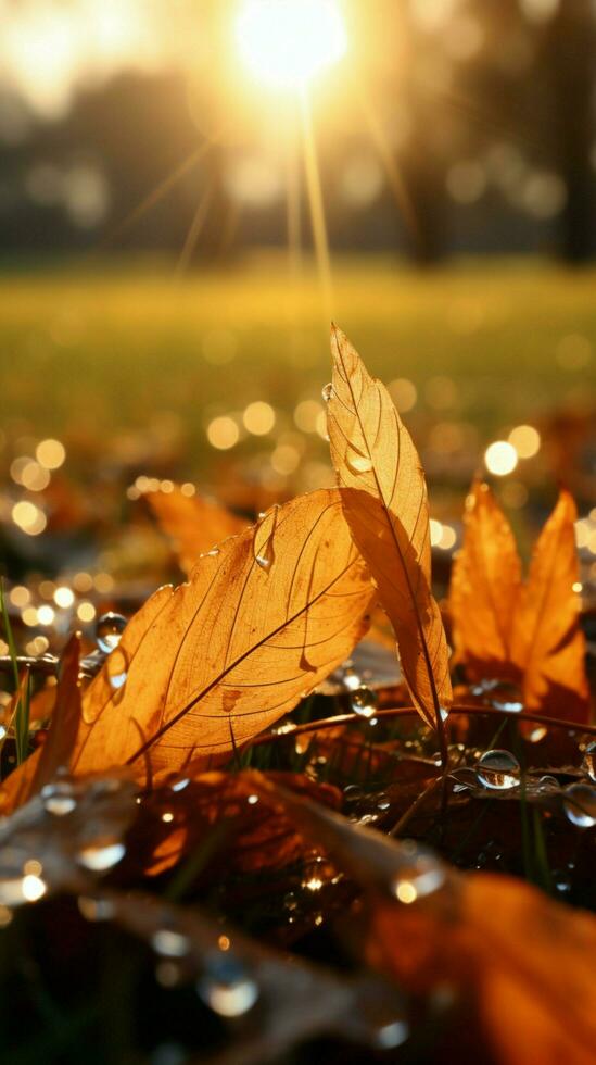 Golden autumn leaves on grass, bathed in the soft morning sunlight Vertical Mobile Wallpaper AI Generated photo