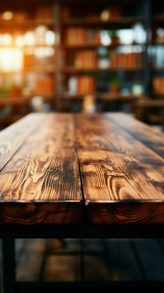 en un pacífico ambiente, un de madera mesa soportes con un suave difuminar vertical móvil fondo de pantalla ai generado foto