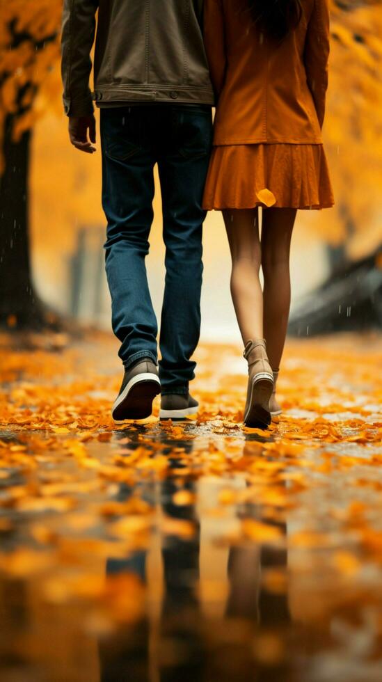 In love and style, a couples feet grace autumn leaves, a fashion forward embrace Vertical Mobile Wallpaper AI Generated photo