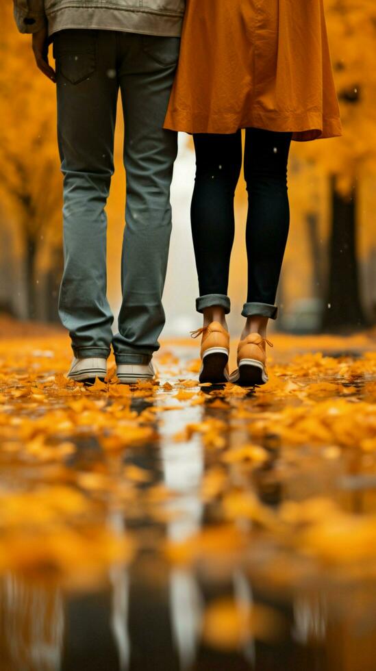 In love and style, a couples feet grace autumn leaves, a fashion forward embrace Vertical Mobile Wallpaper AI Generated photo