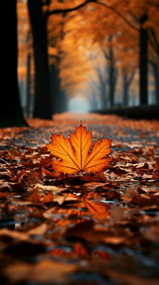 un alfombra de otoño hojas mantas el camino en calentar matices vertical móvil fondo de pantalla ai generado foto