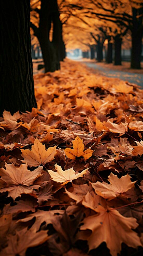 un alfombra de otoño hojas mantas el camino en calentar matices vertical móvil fondo de pantalla ai generado foto