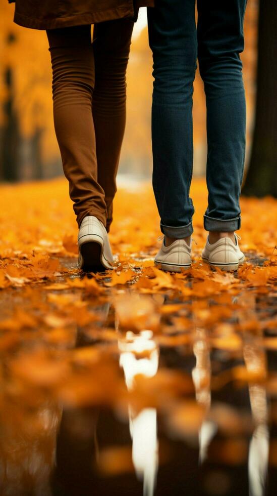 Lifestyle fashion Couples loving feet amid fall leave Vertical Mobile Wallpaper AI Generated photo