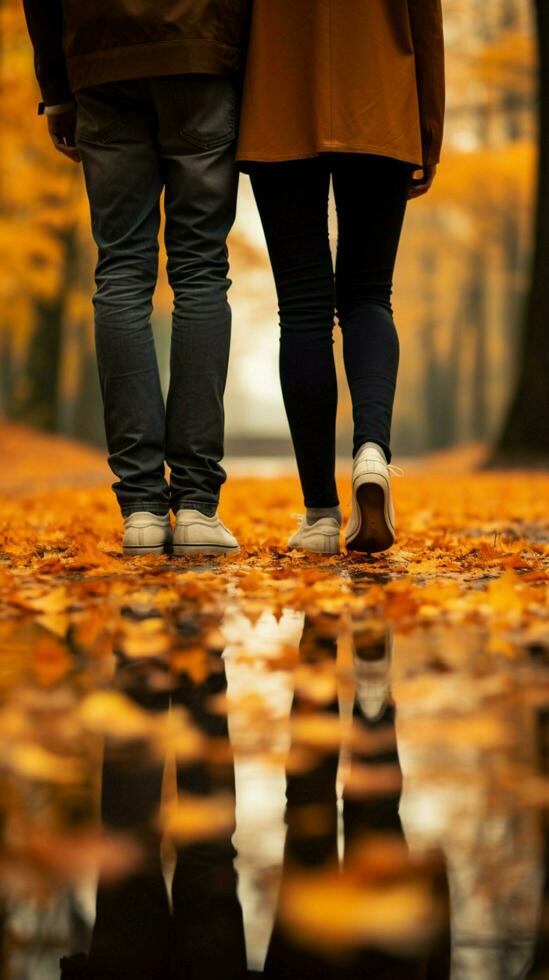 Lifestyle fashion Couples loving feet amid fall leave Vertical Mobile Wallpaper AI Generated photo