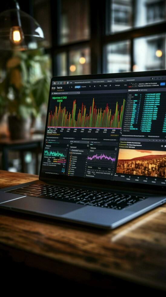 Laptop screen displays marketing graphs as startup employees work overtime in the office Vertical Mobile Wallpaper AI Generated photo