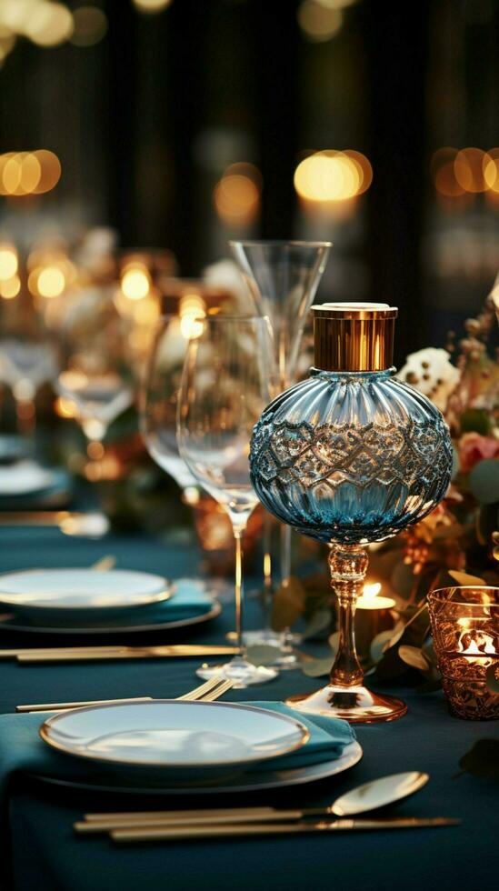 Luxurious table arrangement with crystal glassware, a stunning backdrop for events and weddings Vertical Mobile Wallpaper AI Generated photo