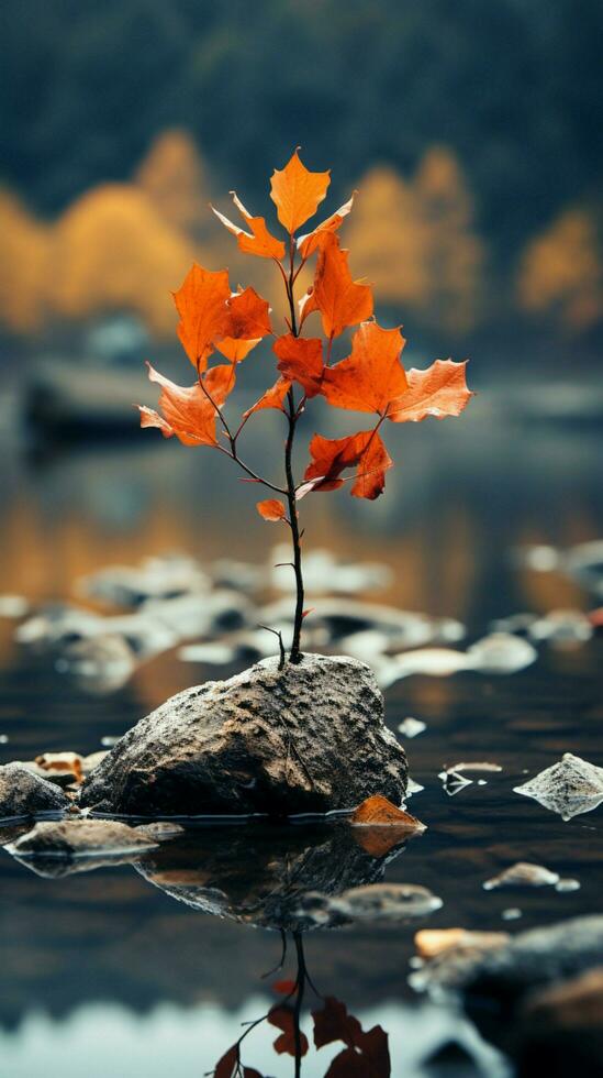 solitario otoño hojas, apartado en sereno aislamiento, capturar el esencia de otoño vertical móvil fondo de pantalla ai generado foto