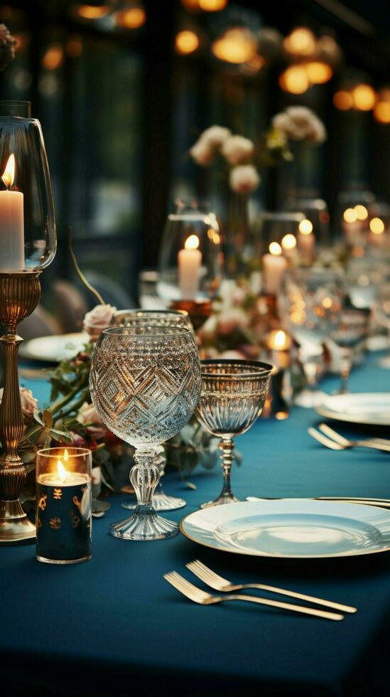 Luxurious table arrangement with crystal glassware, a stunning backdrop for events and weddings Vertical Mobile Wallpaper AI Generated photo