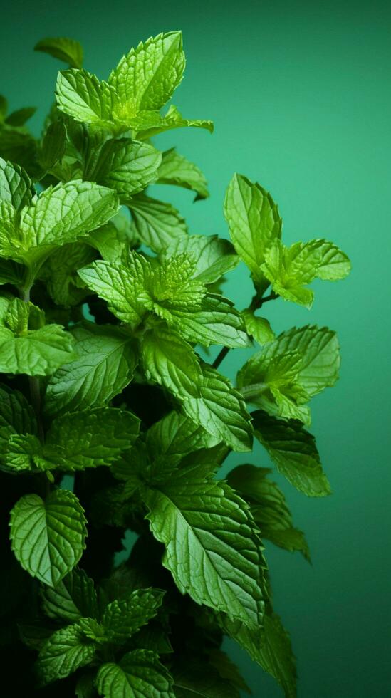 Mint leaves arranged against a soft green background, offering room for text Vertical Mobile Wallpaper AI Generated photo