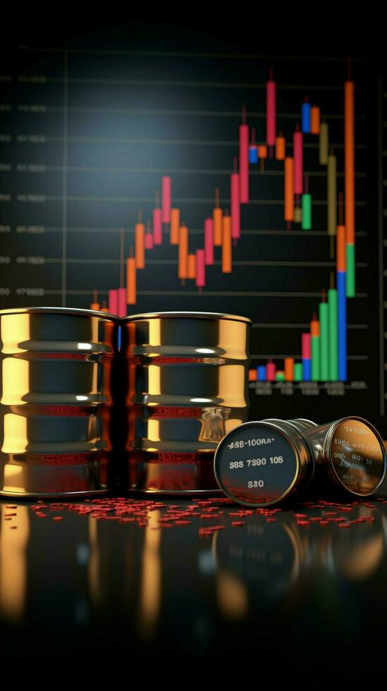 Oil price graph with a 3D barrel and growth arrow symbolizes market dynamics Vertical Mobile Wallpaper AI Generated photo