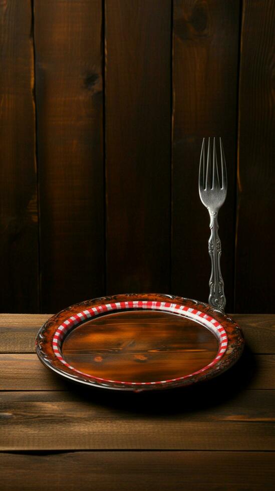 Old world appeal Plate fork wooden table red checke Vertical Mobile Wallpaper AI Generated photo