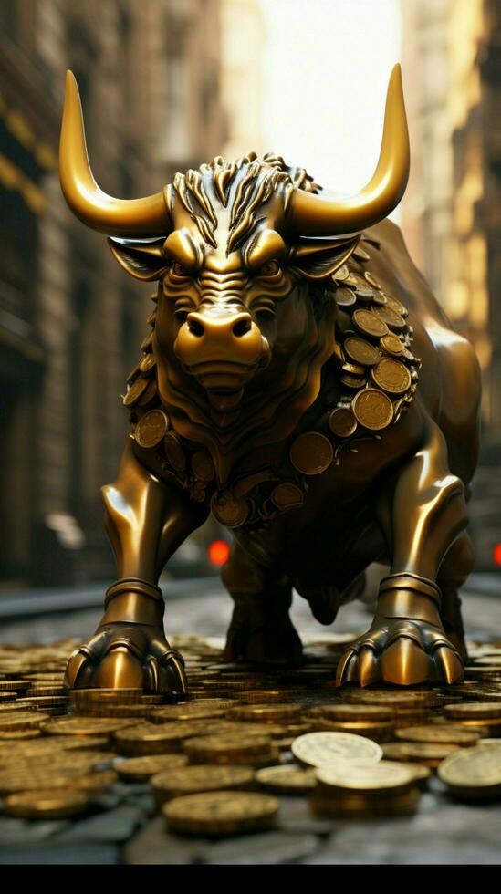 On a stone road, coins surround a prominent bull statue Vertical Mobile Wallpaper AI Generated photo