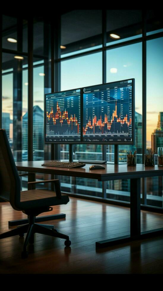 Stock market exchange concept in an empty traders office with glass walls Vertical Mobile Wallpaper AI Generated photo