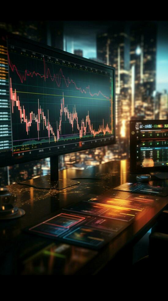 valores mercado inversión y comercio retratado mediante un gráfico gráfico monitor vertical móvil fondo de pantalla ai generado foto