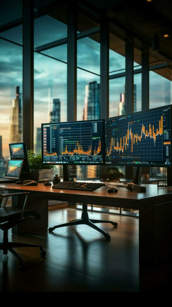 Stock market exchange concept in an empty traders office with glass walls Vertical Mobile Wallpaper AI Generated photo