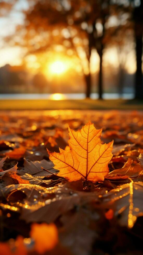 Sunlit morning illuminates fallen leaves, casting a warm tone on the grass Vertical Mobile Wallpaper AI Generated photo