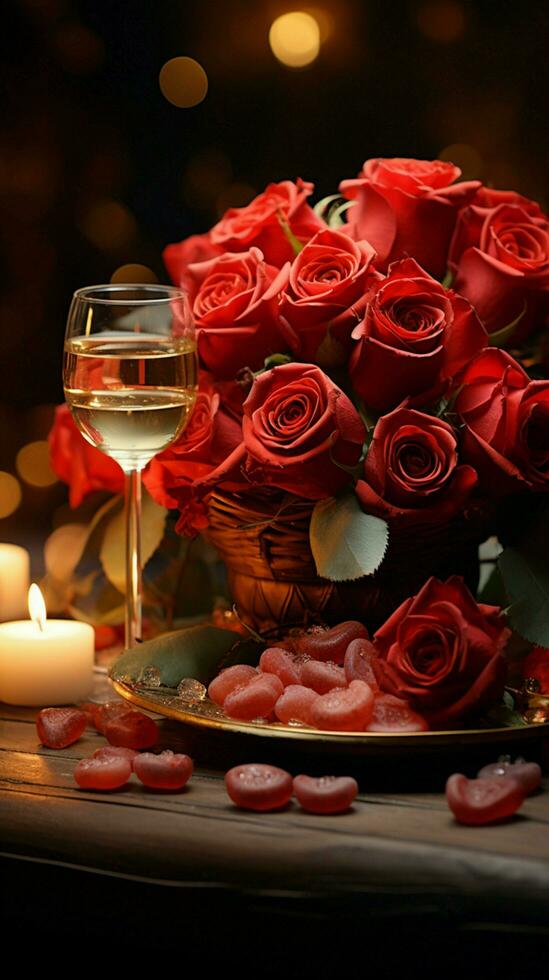 Table for romance Red wine candles roses Vertical Mobile Wallpaper AI Generated photo