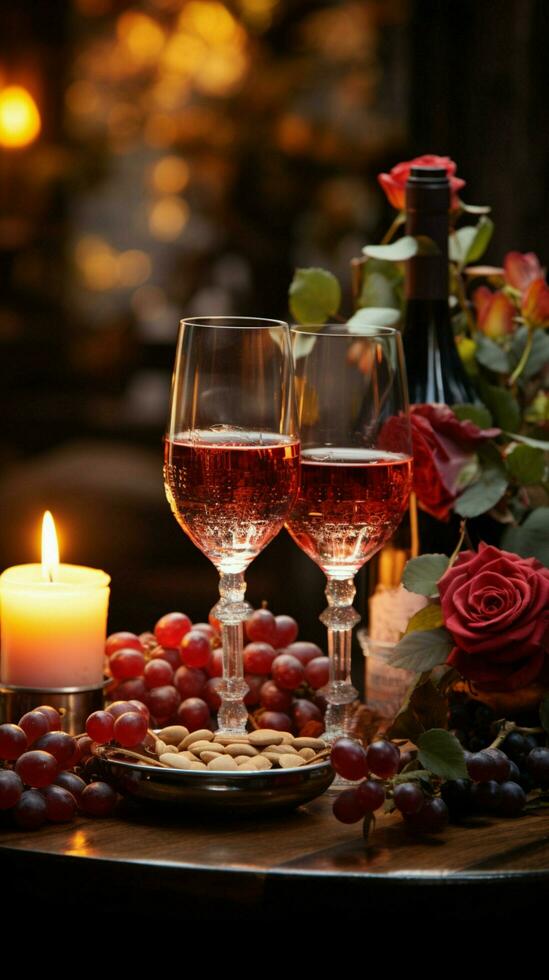 Table for romance Red wine candles roses Vertical Mobile Wallpaper AI Generated photo