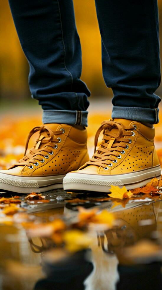 Trendy fashion Sneakers strolling through autumn Vertical Mobile Wallpaper AI Generated photo