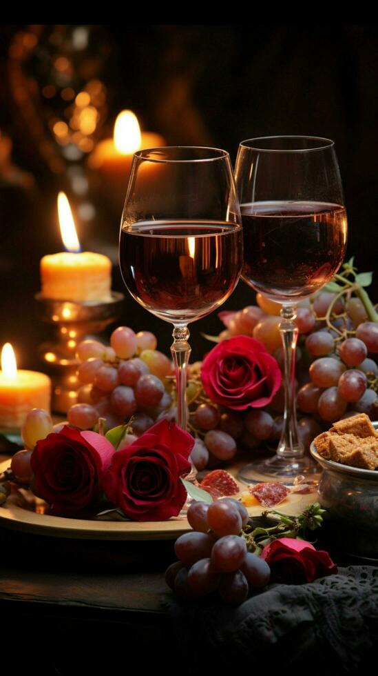 A romantic setting Red wine flickering candles rose Vertical Mobile Wallpaper AI Generated photo