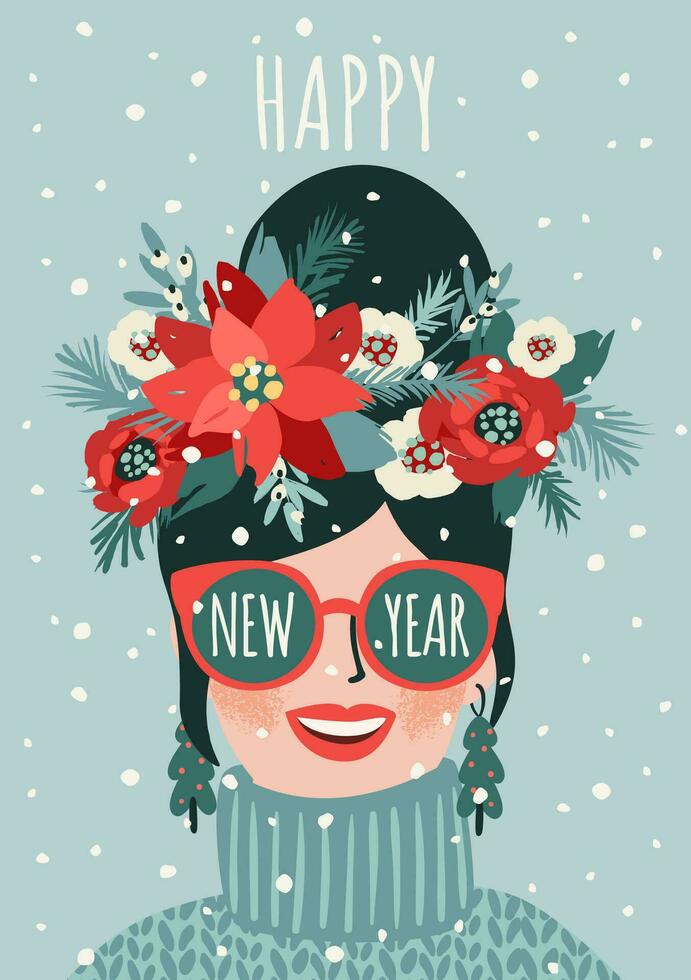 Christmas and Happy New Year illustration of young woman. Trendy retro style. Vector design template.