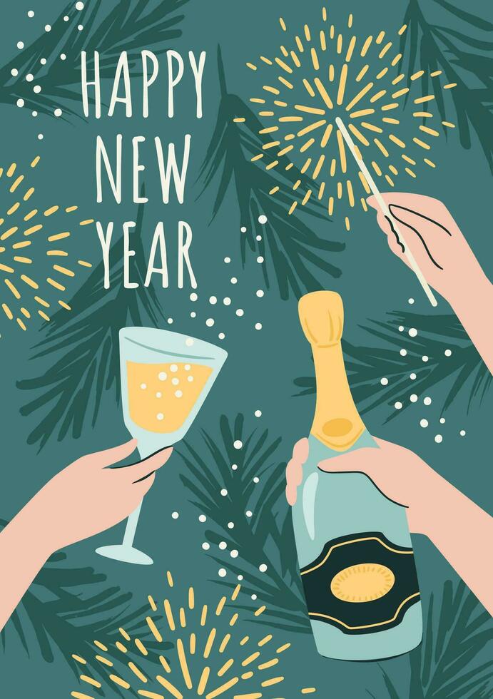 Christmas and Happy New Year illustration of party. Trendy retro style. Vector design template.