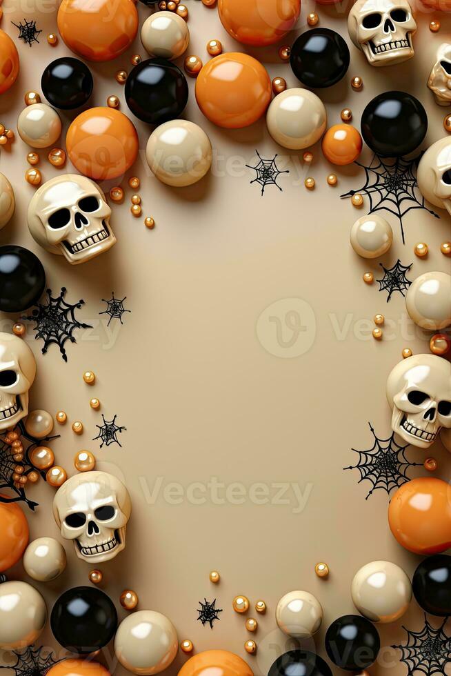 Halloween background with skulls and spiders. Top view with copy space. AI Generated. photo