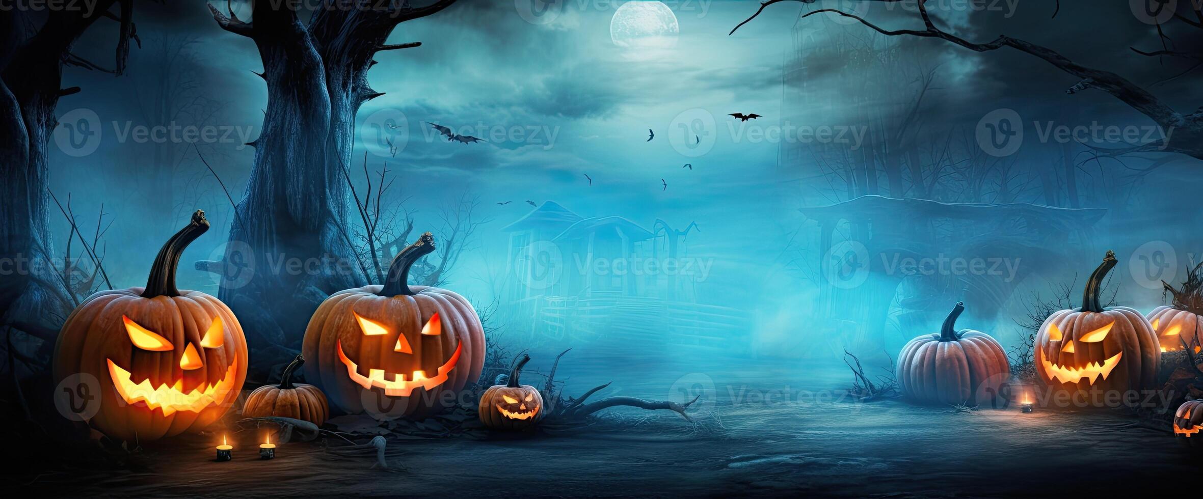Halloween scene with scary pumpkins on dark forest background, 3d render. . photo
