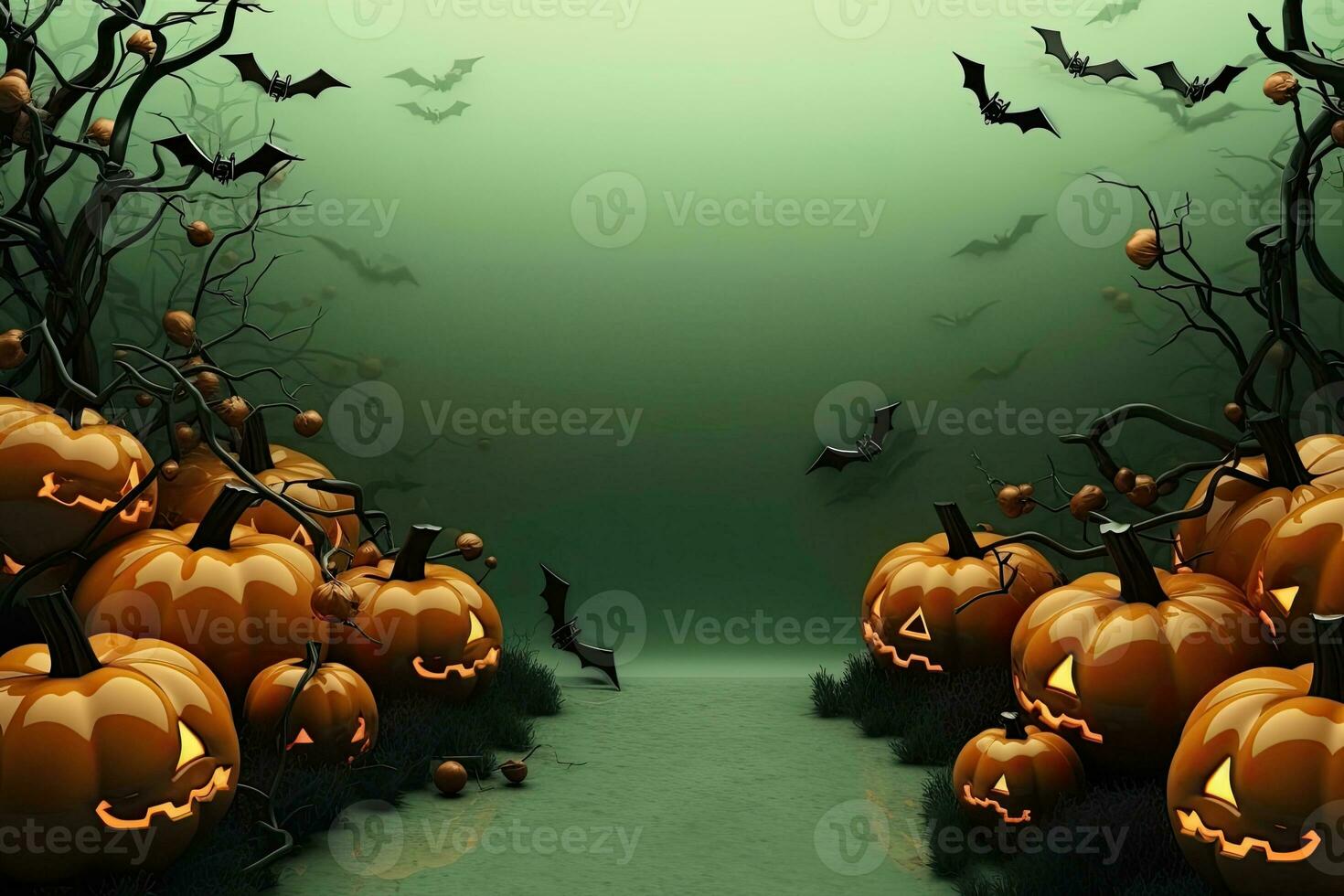 Halloween background with pumpkins and bats - 3d render illustration. AI Generated. photo