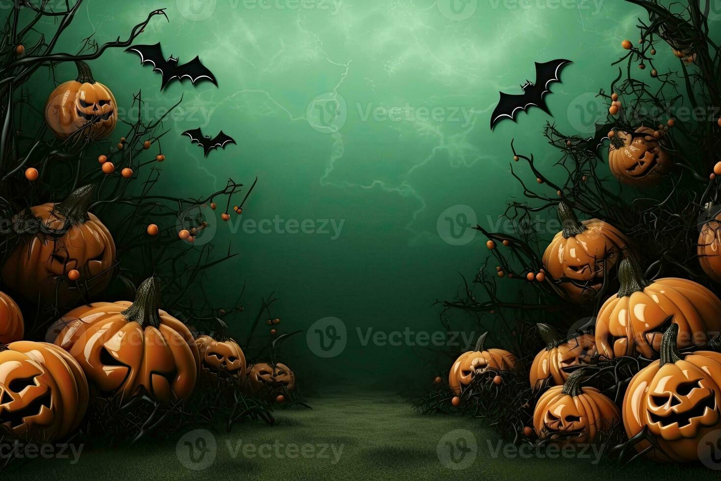 Halloween background with pumpkins and bats. 3D illustration. AI Generated. photo