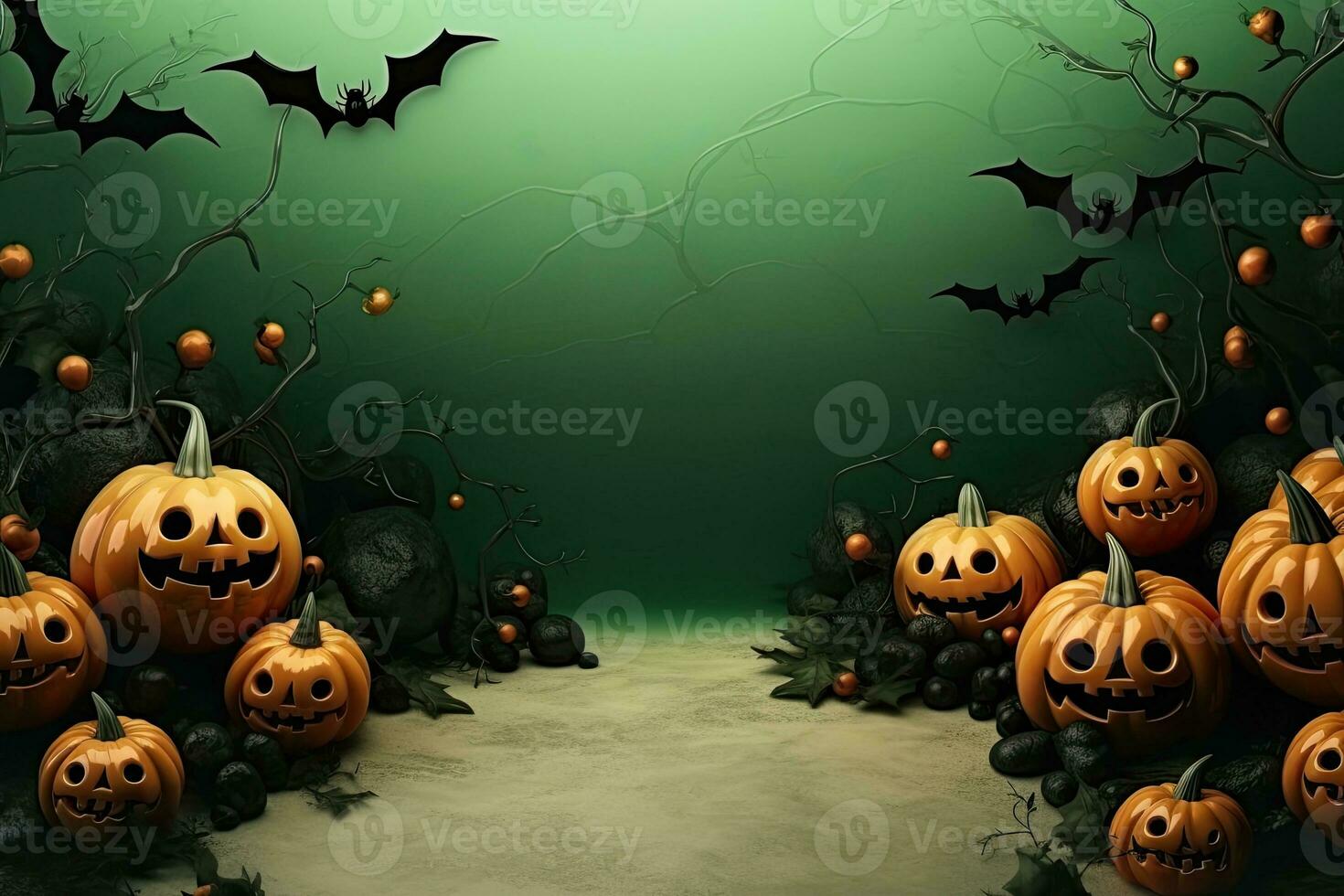 Halloween background with pumpkins, bats and cobwebs 3d render. AI Generated. photo