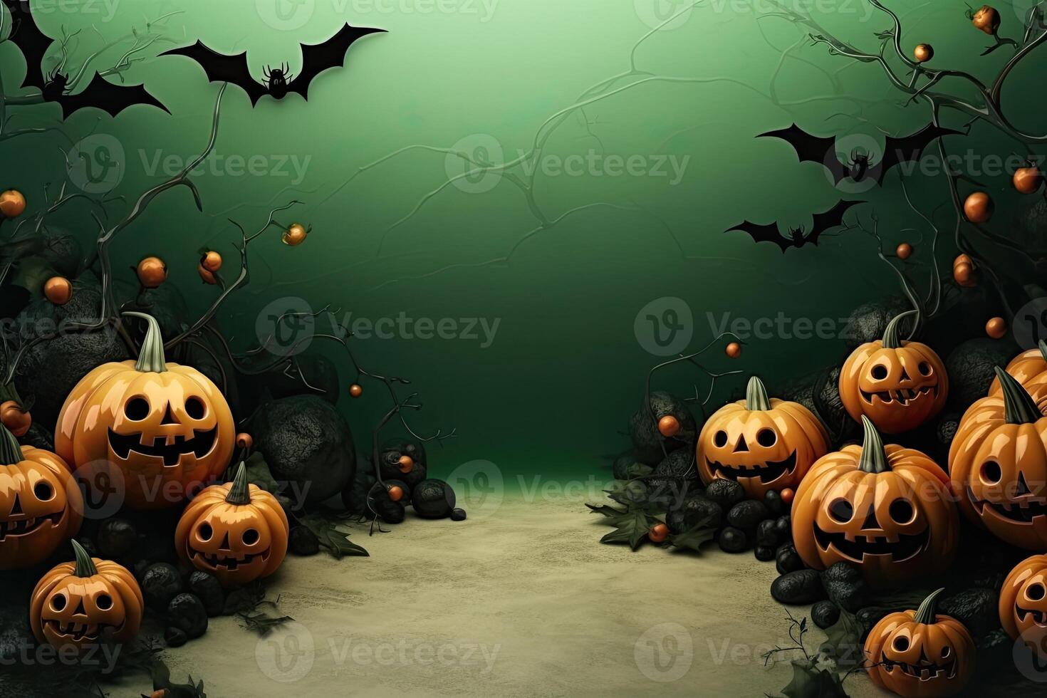 Halloween background with pumpkins, bats and cobwebs 3d render. . photo