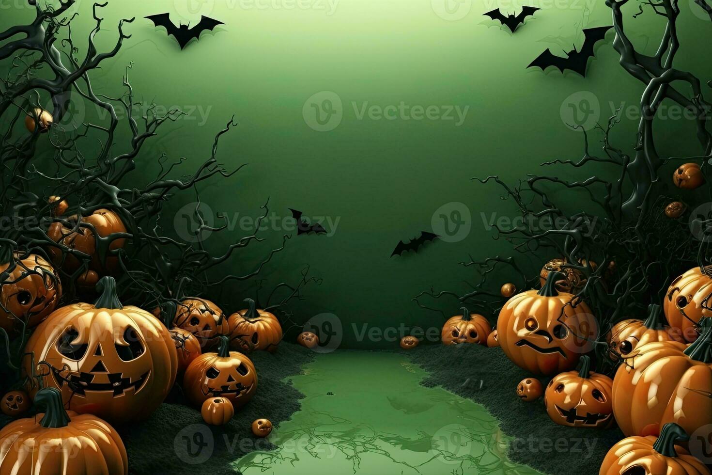 Halloween background with pumpkins and bats. 3D illustration. AI Generated. photo