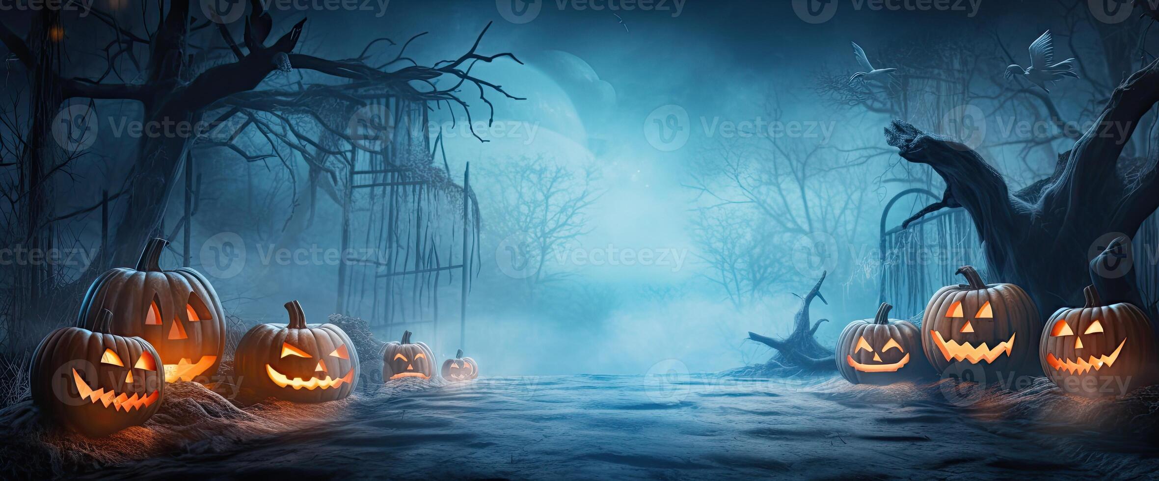 Halloween background with scary pumpkins in foggy forest. 3D rendering. . photo