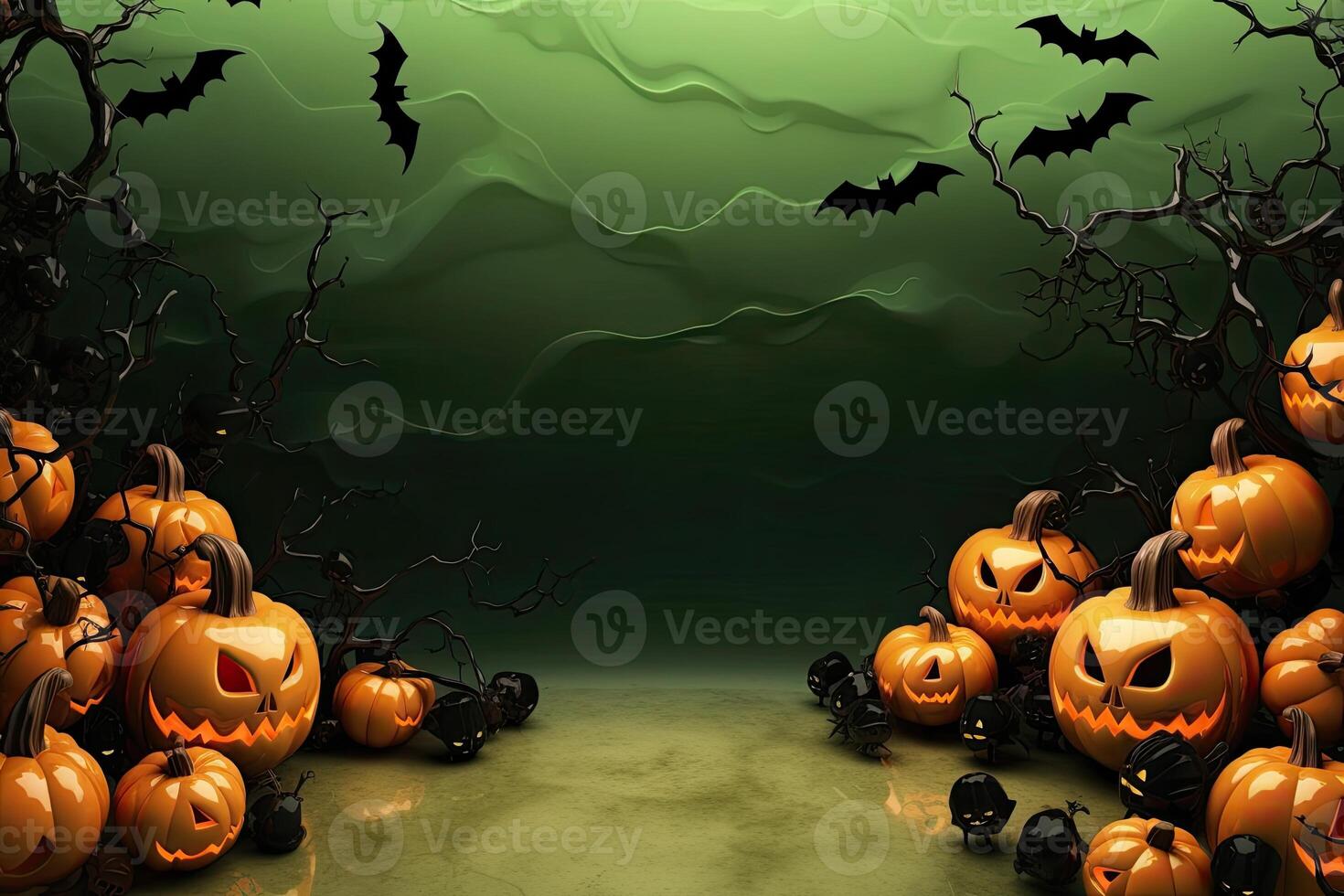 Halloween background with pumpkins and bats - 3d render illustration. AI Generated. photo