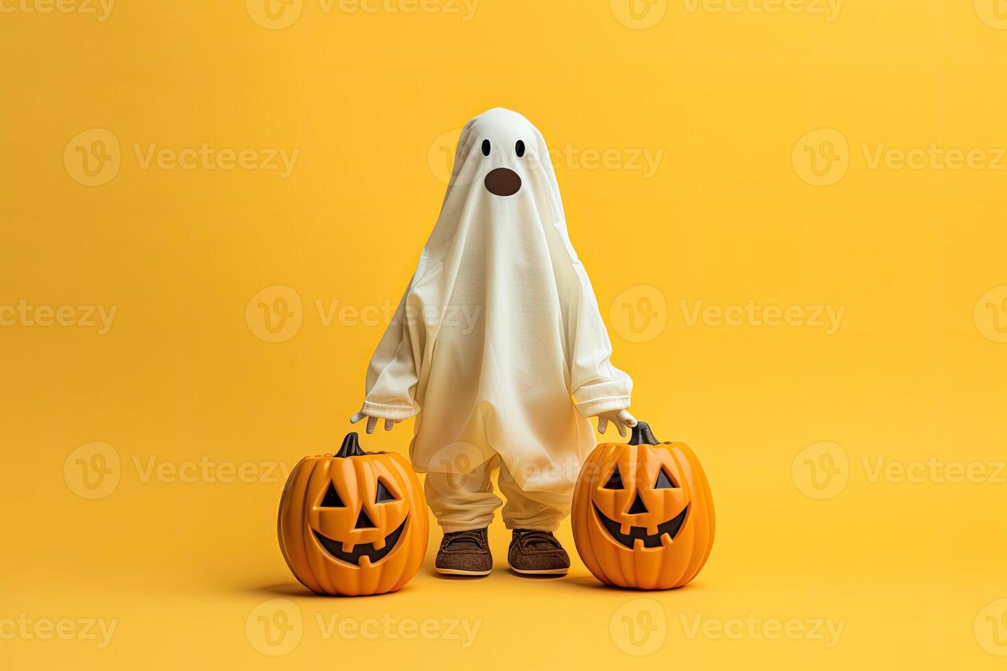 Halloween holiday concept. Funny ghost in halloween costume on yellow background. AI Generated. photo