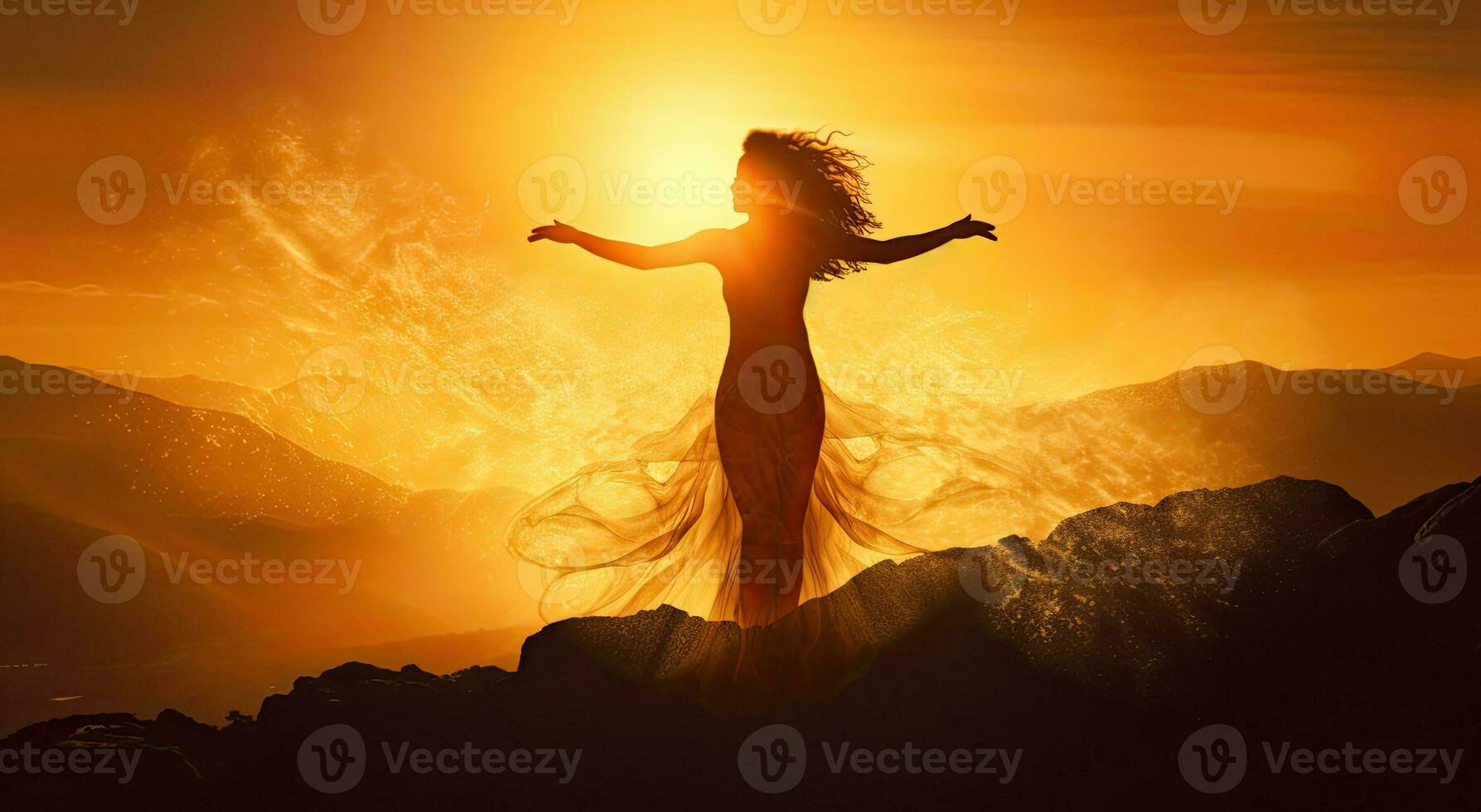 Young woman in long dress with arms outstretched looking at the sunset. AI Generated. photo