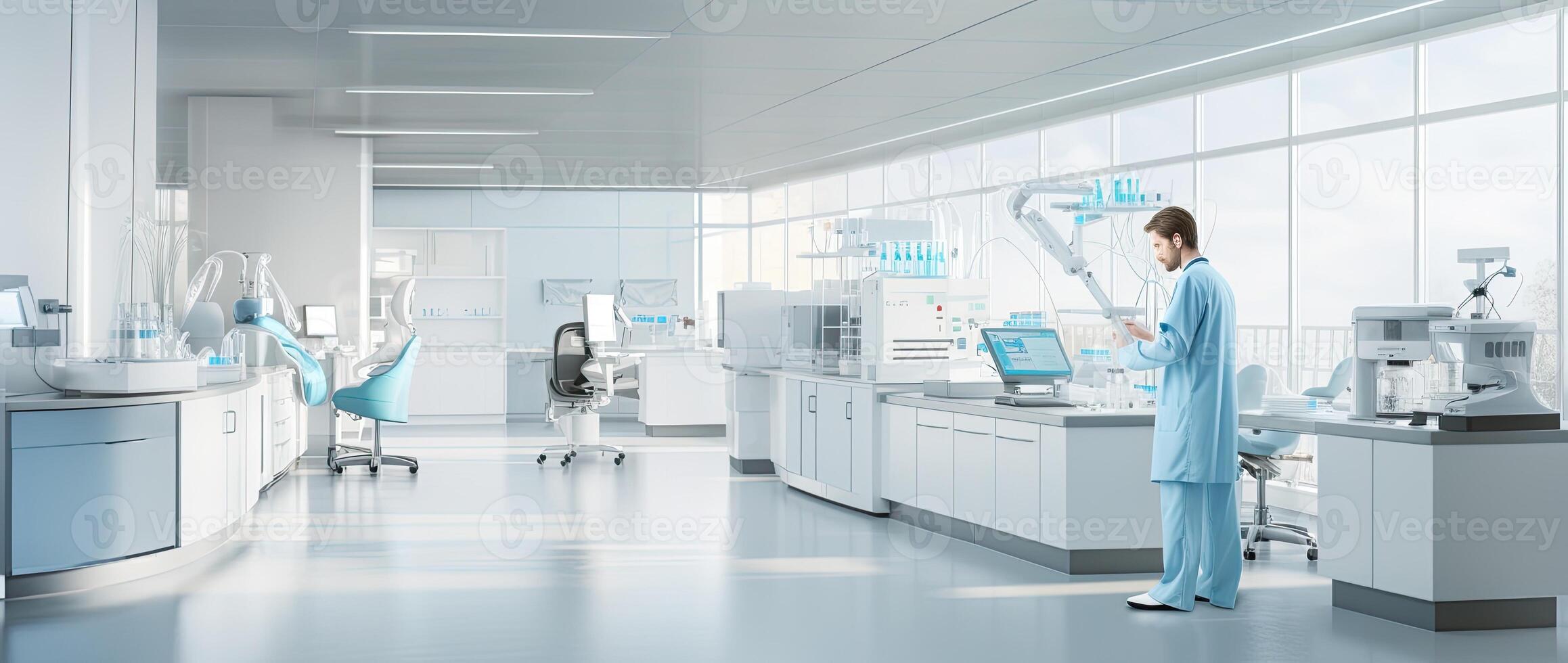 Scientist in modern laboratory with equipment and science experiments. Mixed media. . photo