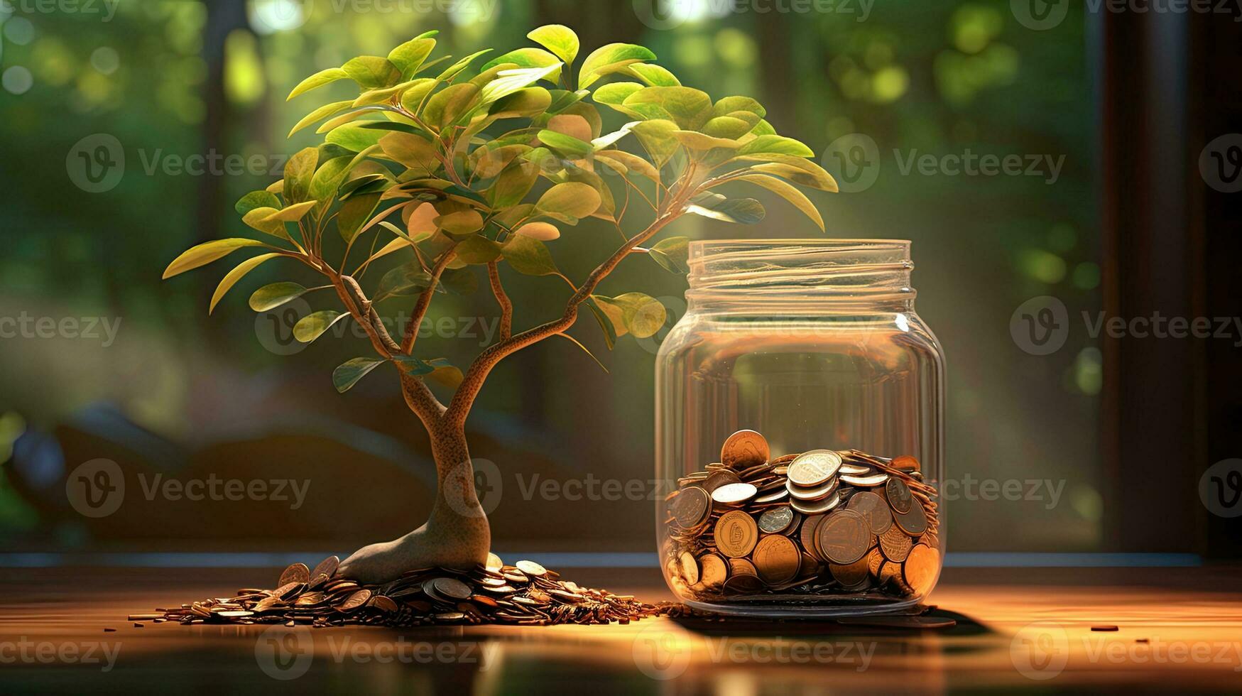 Coins in glass jar and tree on wooden table. Saving concept. AI Generated. photo