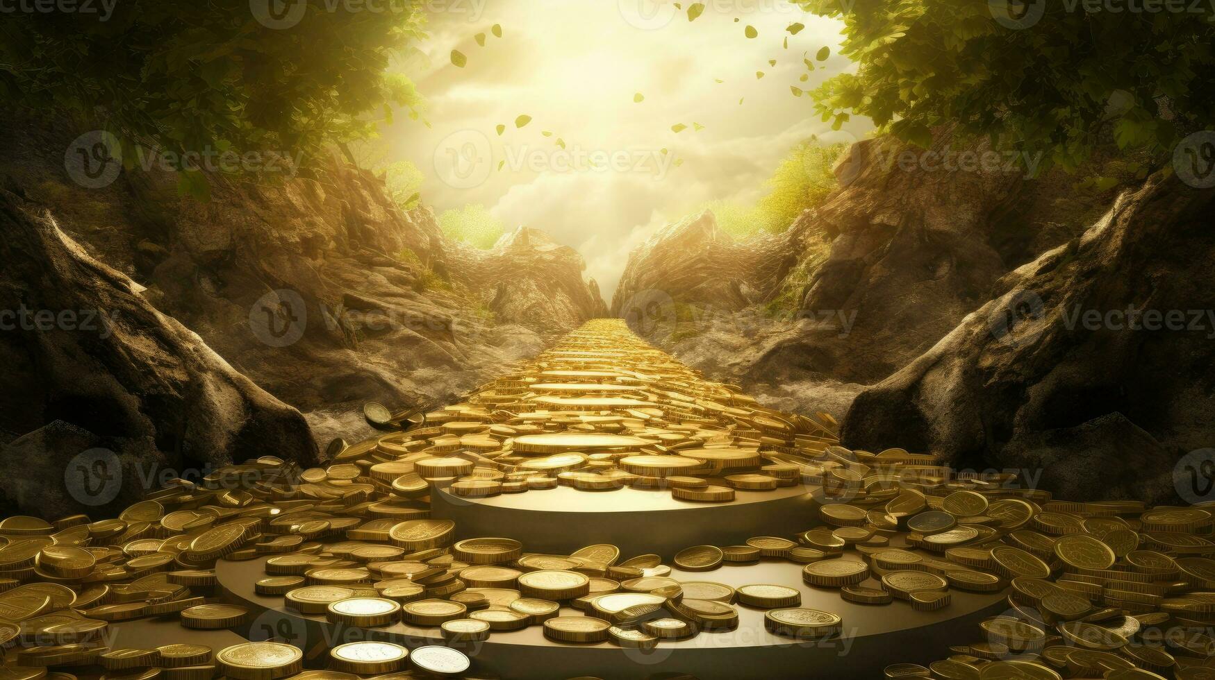 Golden coins on a path in the forest. 3D rendering. AI Generated. photo