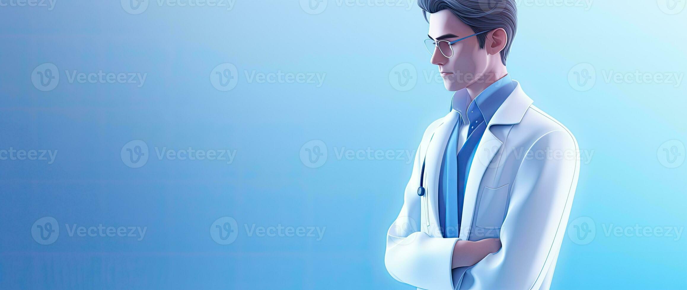 Doctor with arms crossed against blue background with vignette 3d. AI Generated. photo