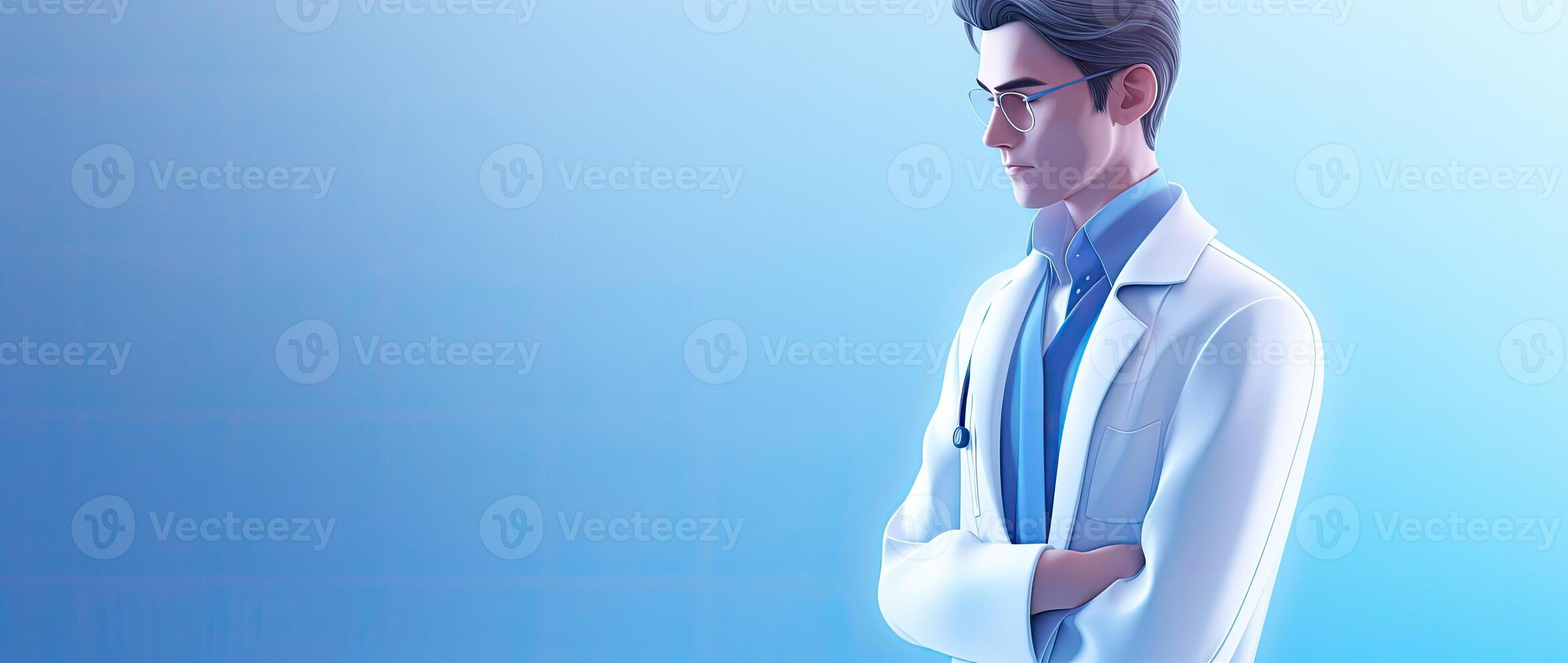 Doctor with arms crossed against blue background with vignette 3d. . photo