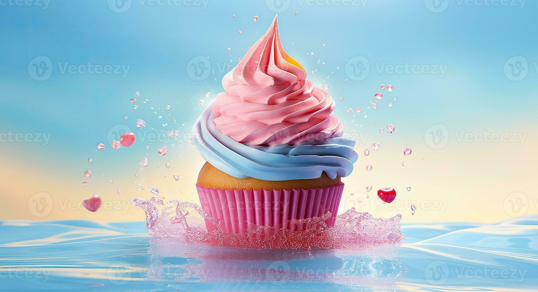 Cupcake with pink cream and heart on the background of blue sky. AI Generated. photo