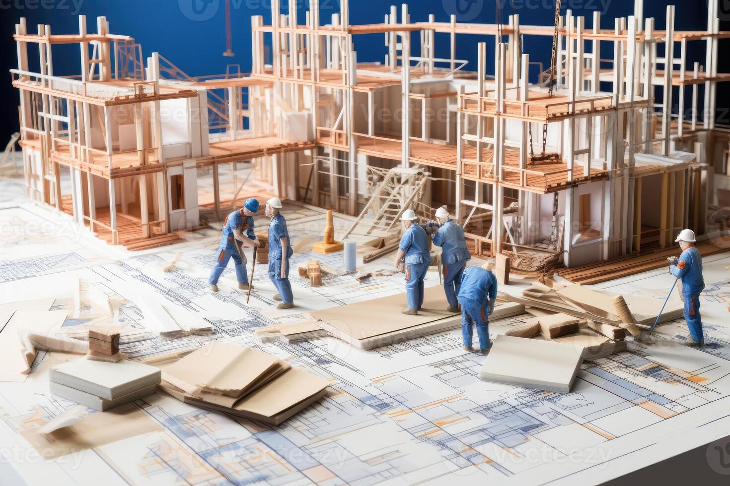 3d model of construction site with blueprints and workers at work 