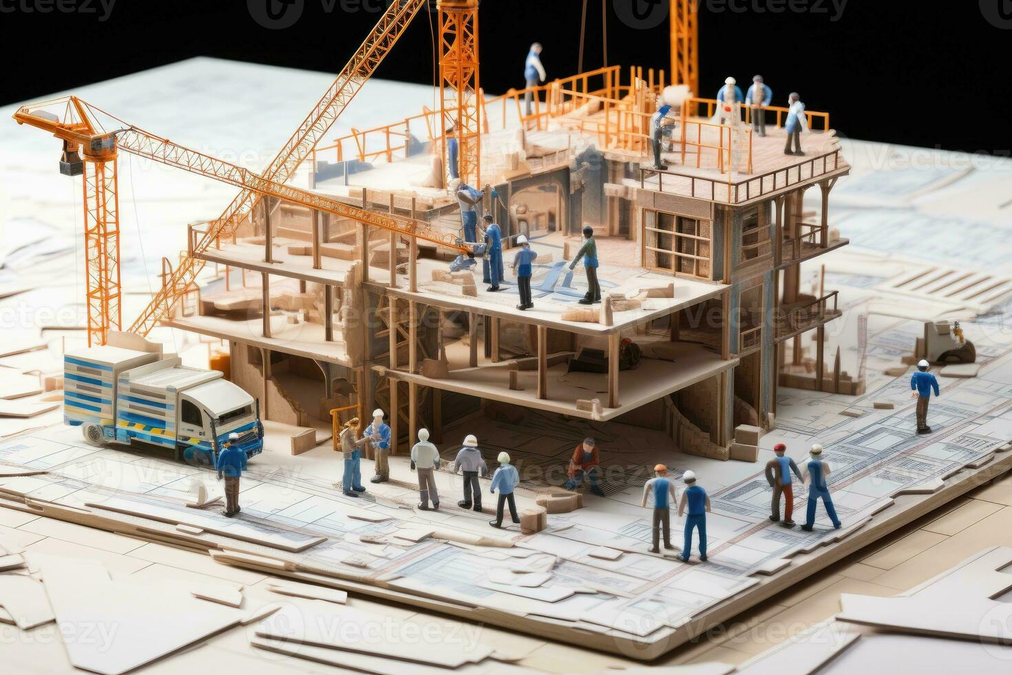 Miniature of construction site. Engineer and architect working on blueprint. AI Generated. photo