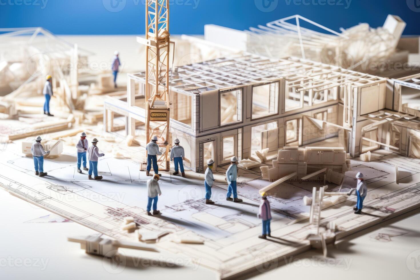 Miniature people engineer working on construction site. Engineering and architecture concept. AI Generated. photo