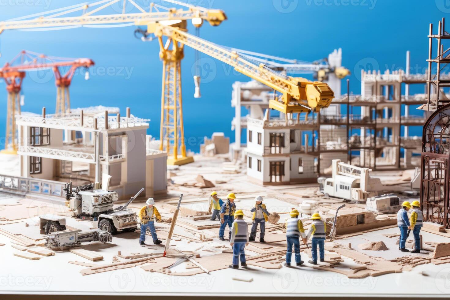 Miniature model of the construction site with cranes and workers. . photo