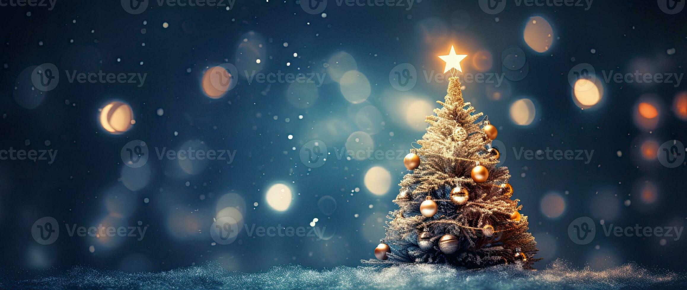 Christmas tree on snow and bokeh background. 3d rendering. AI Generated. photo