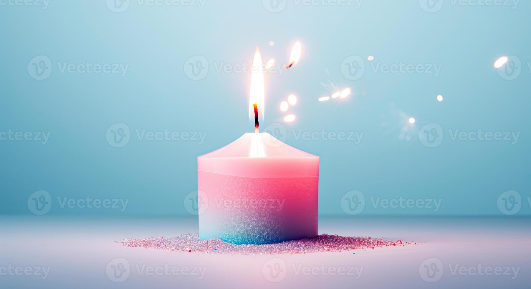 Burning candle in pink and blue colors with sparkles. 3d rendering. AI Generated. photo